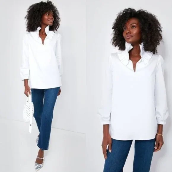 Tuckernuck Bouvier Blouse White Poplin Ruffle Neck NWT Size L - Picture 2 of 12